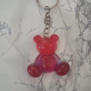 Porte-clés nounours dégradé rouge & rose en résine – fait main