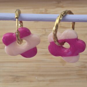 Boucles d’oreilles fleurs roses bicolores – Création artisanale en pâte polymère